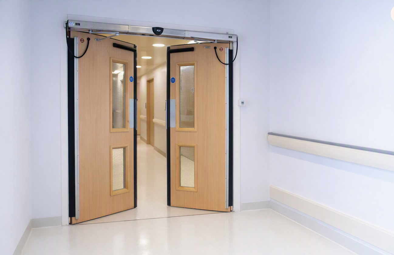 Automatic swing doors on a hospital corridor